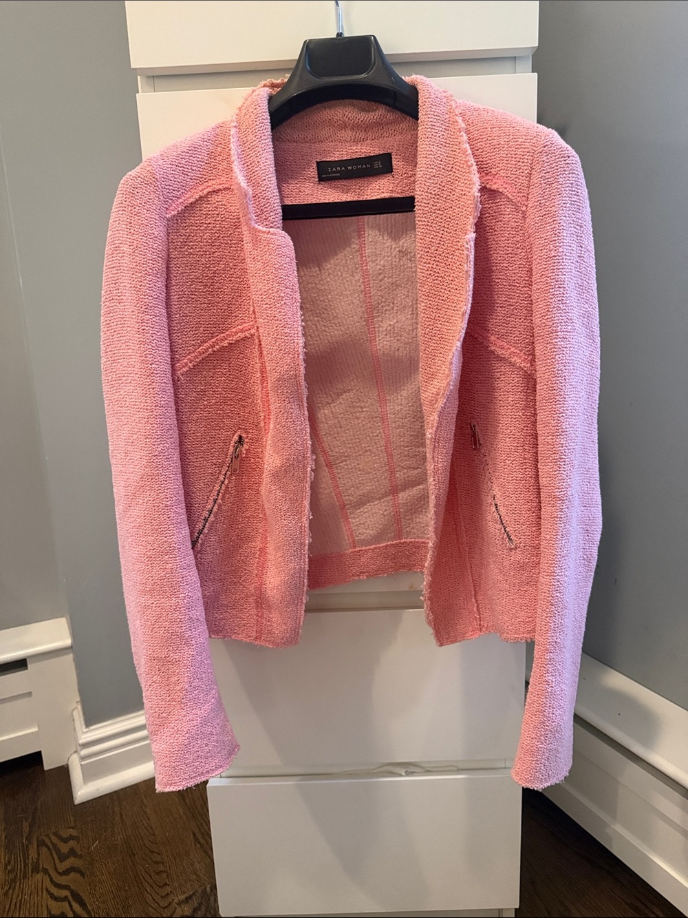 Zara Pink Bouclé Collarless Open Blazer